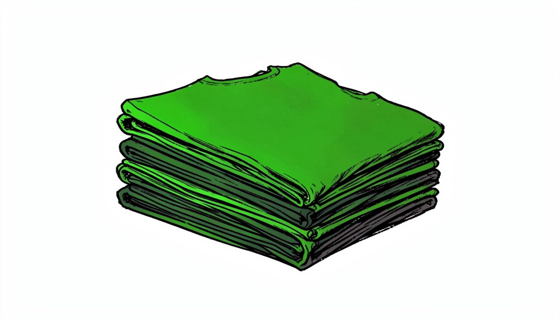 Dibujo a tinta de una pila ordenada de camisetas dobladas en tonos oscuros con líneas verde brillante