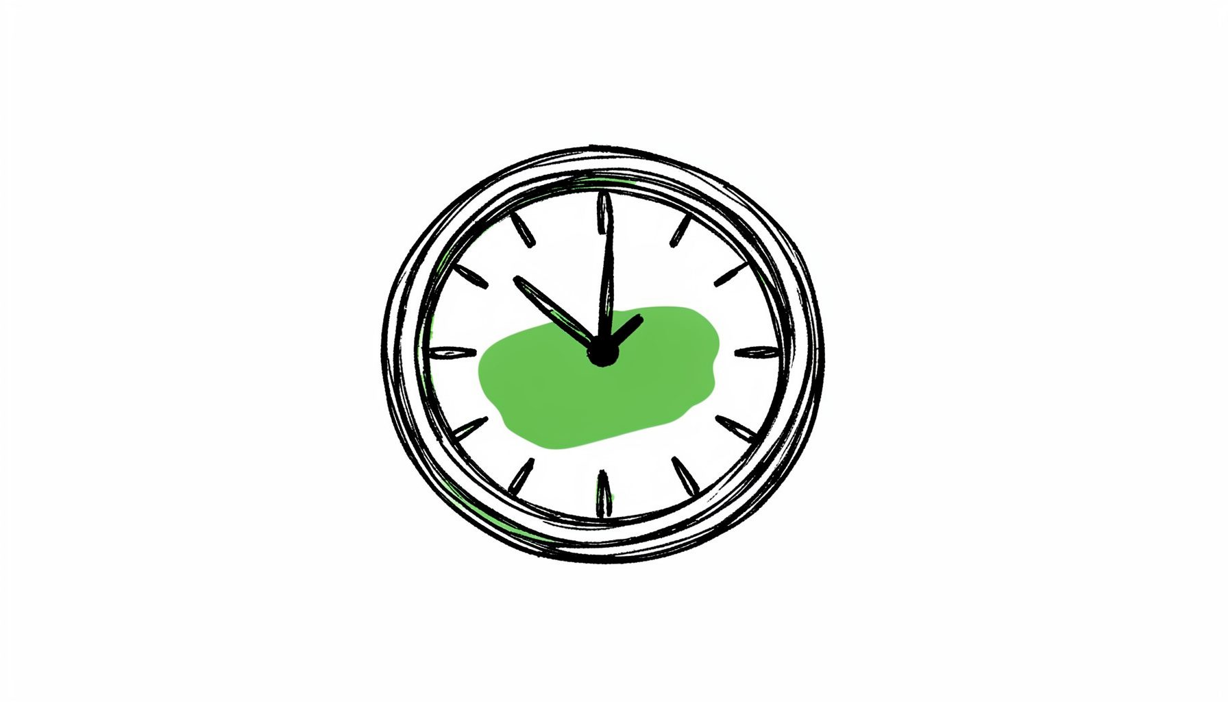 Ilustración a tinta de un reloj sencillo con líneas negras y acento verde, fondo claro