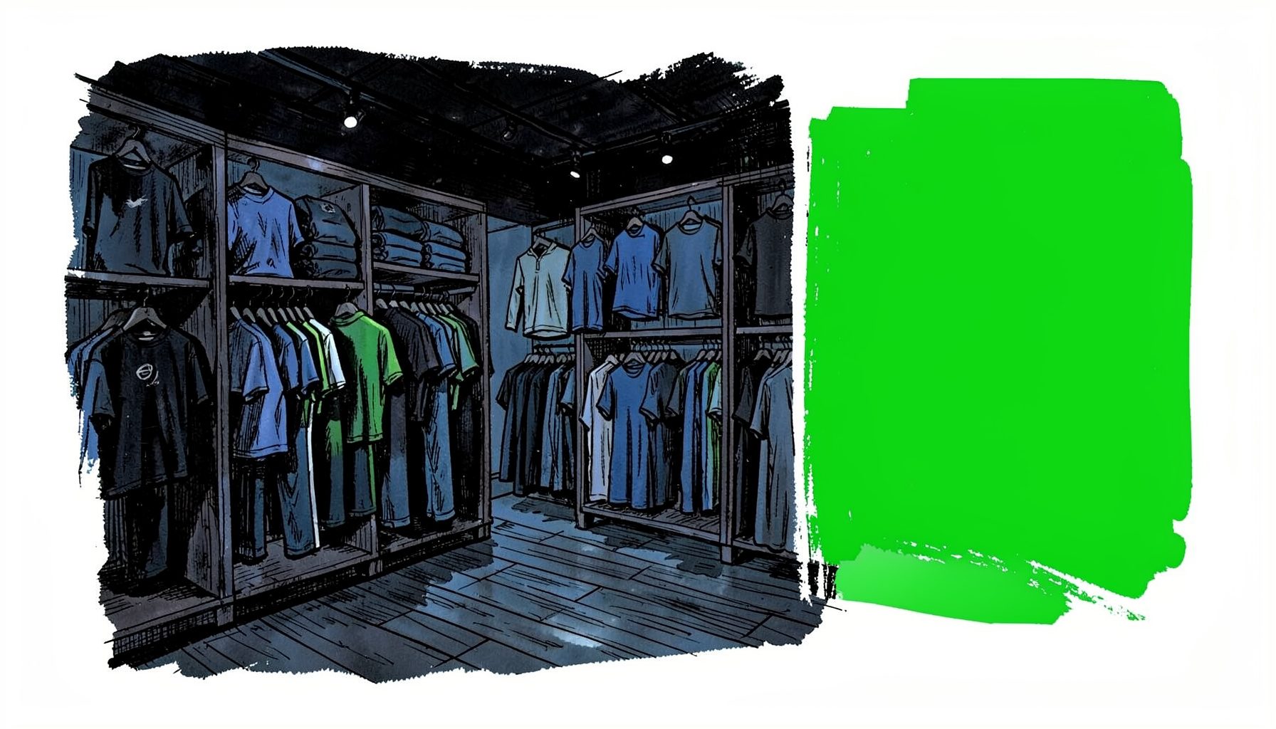 Ilustración a tinta de una tienda de ropa oscura con estantes de camisetas, ambiente nocturno en negro y azul con toques verdes