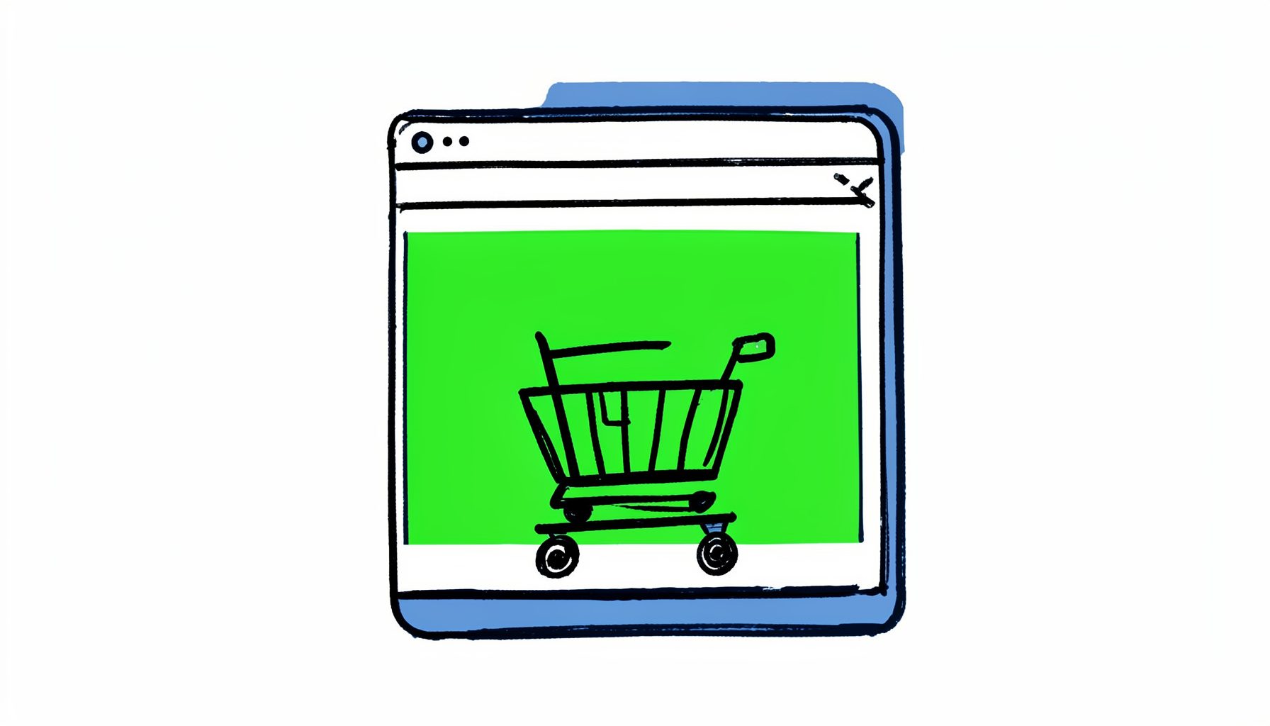 Ilustración lineal a tinta de una pantalla de cuenta de usuario con un carrito de compras simple, trazos negros sobre fondo azul oscuro
