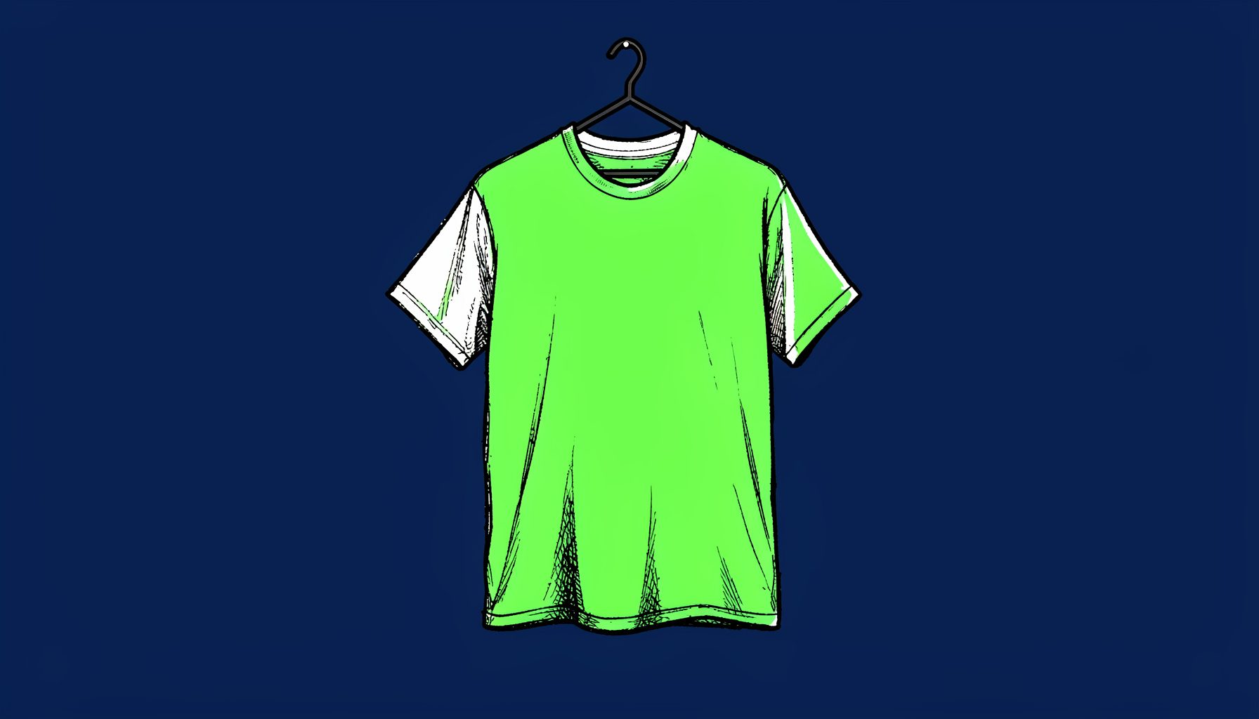 Ilustración a tinta de una camiseta masculina colgada sobre fondo azul marino oscuro, trazos negros y blancos con detalles en verde vivo